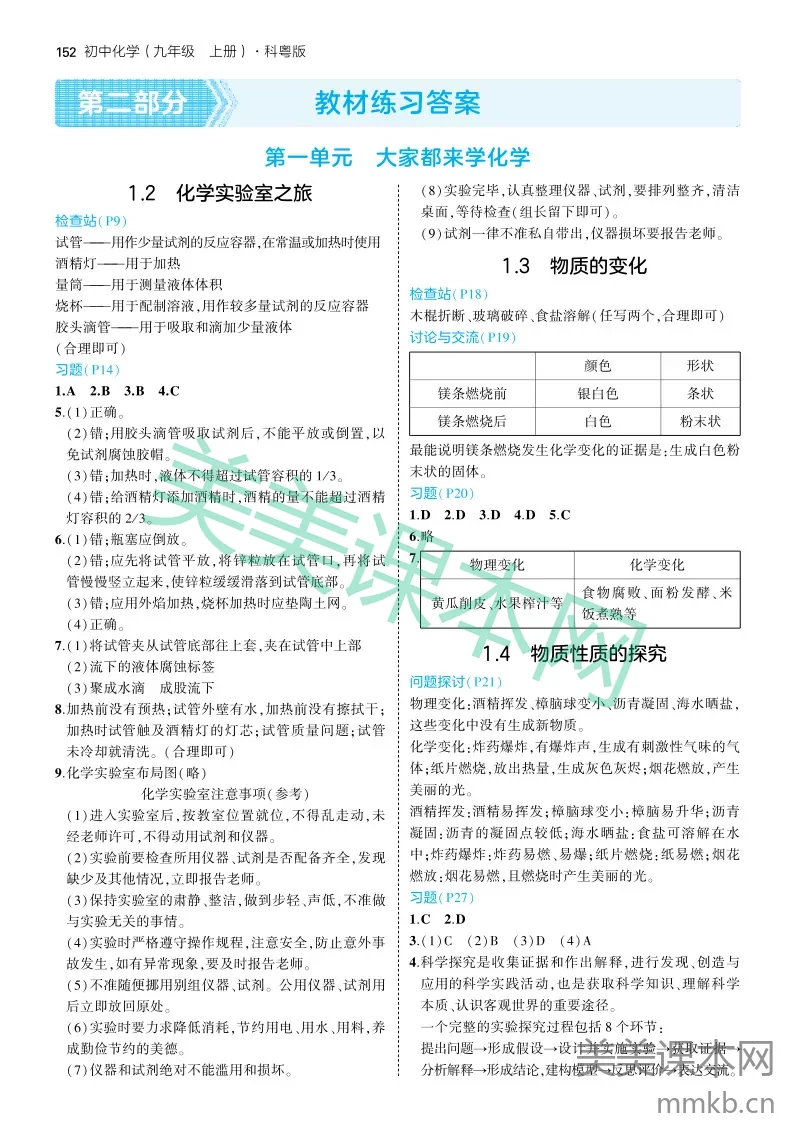 2025版初中化学九上科粤-教材练习答案