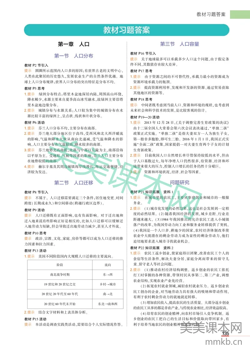 高中地理必修2人教地理教材习题答案新教材